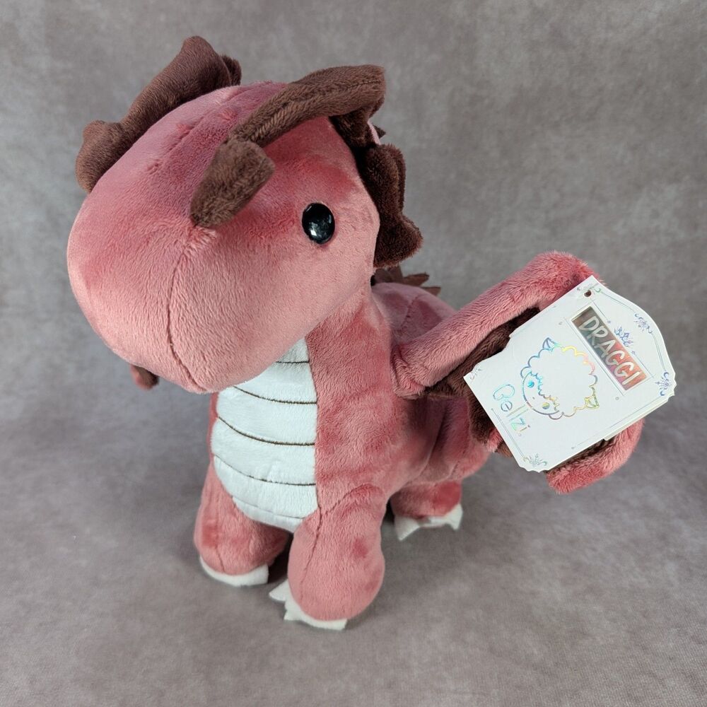 Bellzi Draggi Red Pink Dragon Plush 11.5" Cute Stuffed Animal Toy Fire Torn Tag